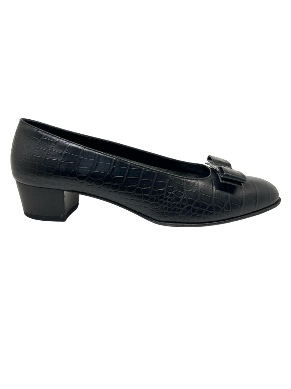 Salvatore Ferragamo Black Croc-Embossed Low Block Heel Pumps with Bow